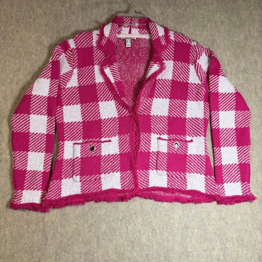 Isaac Mizrahi Cardigan Women Medium Pink Gingham Knit Blazer Fringe Preppy Fun - Picture 2 of 9